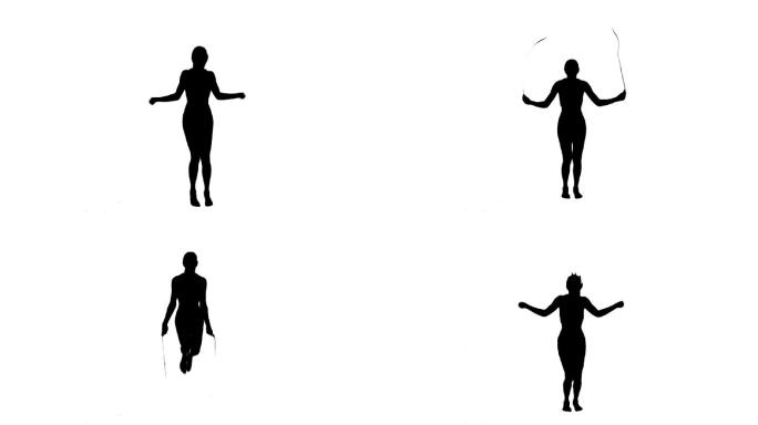 一个活跃女性的剪影正在用跳绳的白色背景