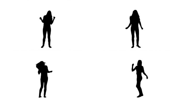 一个活跃的女人在白色背景下跳舞的剪影
