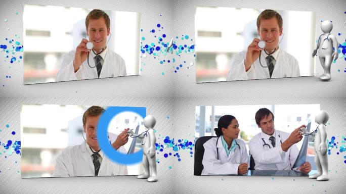 蒙太奇的医疗剪辑与白色的人在蓝色和白色的数字背景