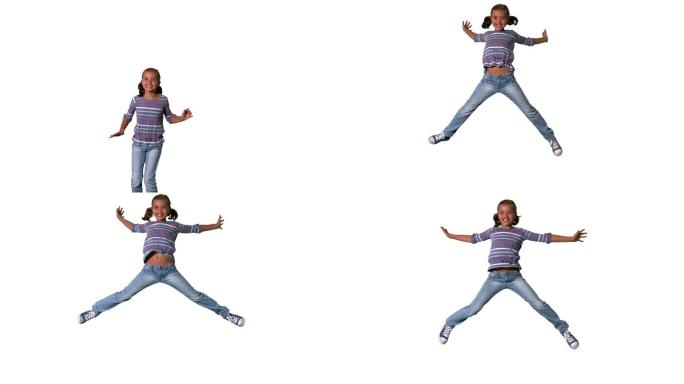 一个西方女孩四肢伸展跳跃慢动作，在白色背景下