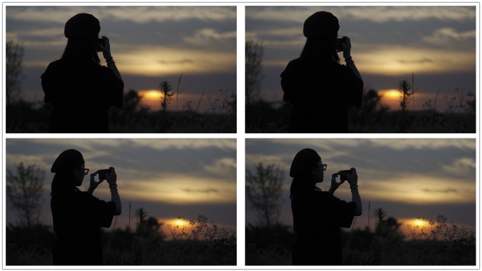 女孩背影手机拍照夕阳
