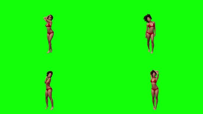 一个穿着红色比基尼的女人在绿色背景下跳舞