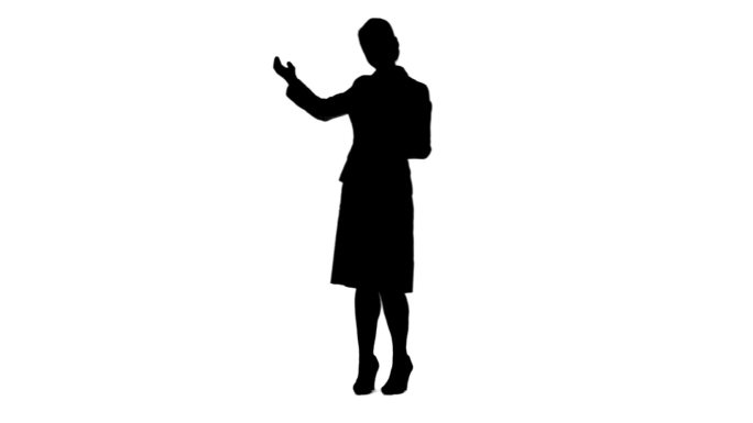 一个女人在白色背景下做虚拟演示的剪影