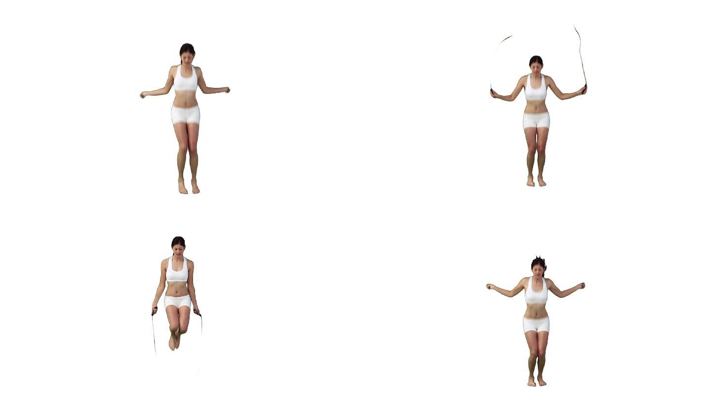 一个女人在白色的背景下用跳绳运动