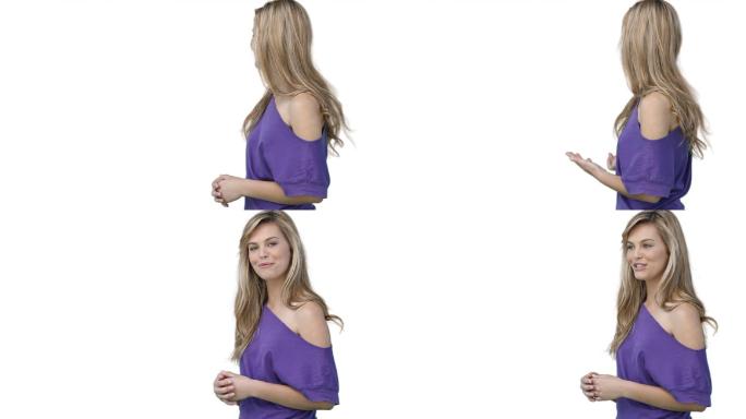 一个女人在白色背景下使用虚拟显示说话