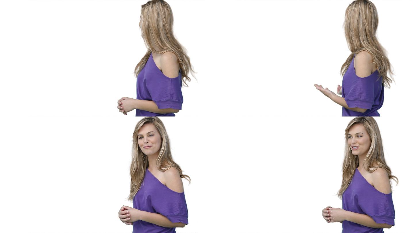 一个女人在白色背景下使用虚拟显示说话