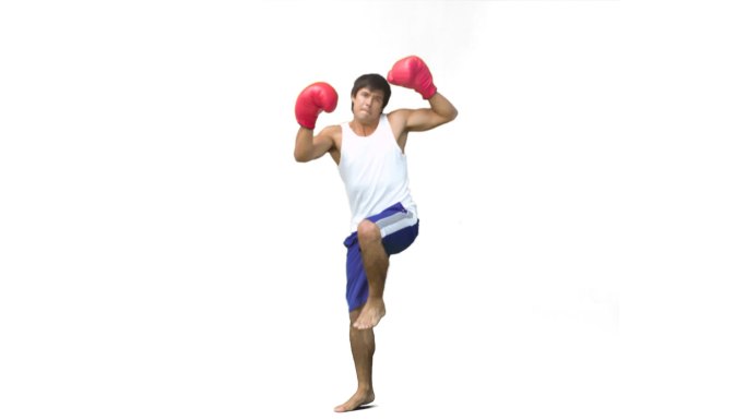 男子跆拳道在一个白色背景的慢动作