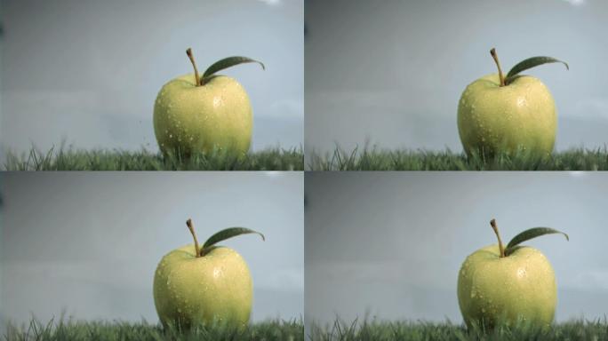 一滴水落在草地上的青苹果慢镜头