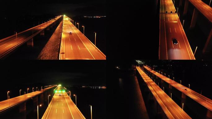 汽车夜晚在桥上行驶飞驰