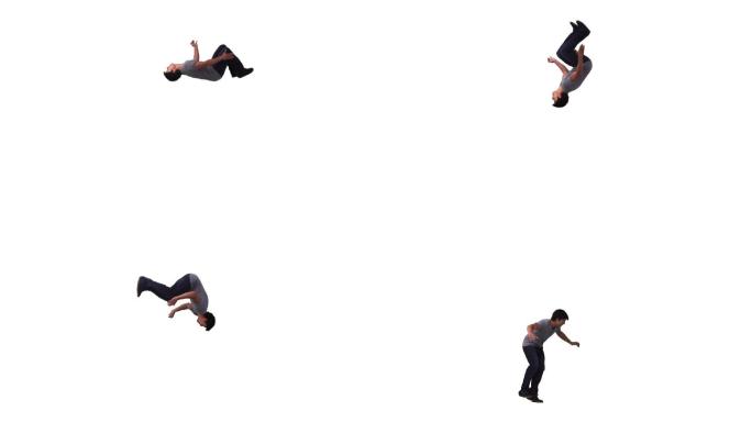 一个男子表演后空翻在白色背景下慢镜头