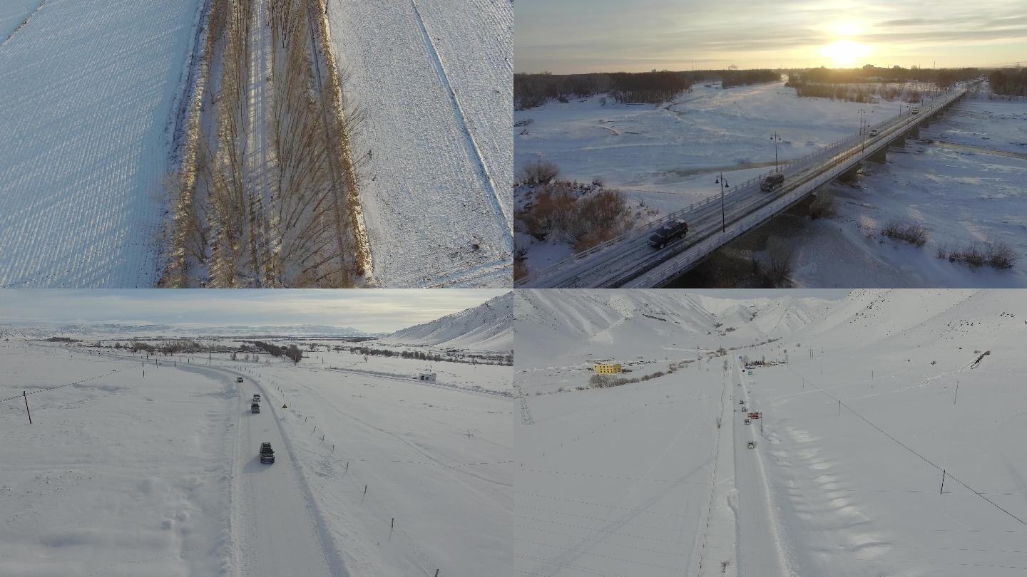 新疆去禾木路上雪景航拍车队4K视频