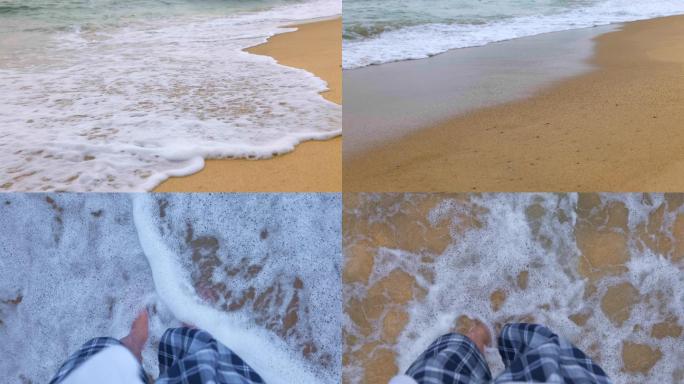 海水冲刷沙滩上的脚印
