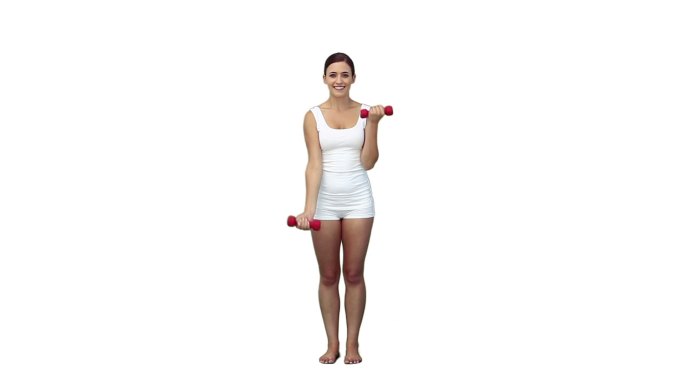 一个女人在白色的背景下练举重