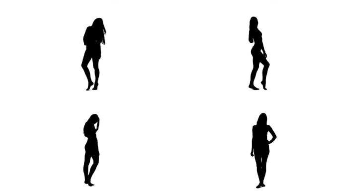 一个在白色背景下为照相机摆姿势的女人的剪影