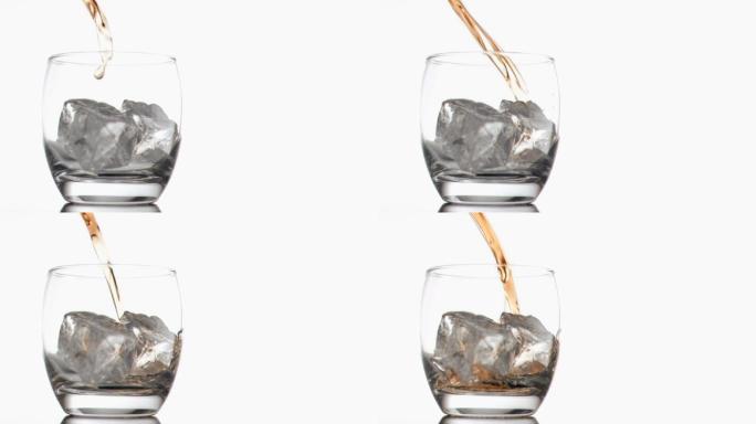 威士忌以超慢的动作倒入玻璃杯中，以冰与白色背景
