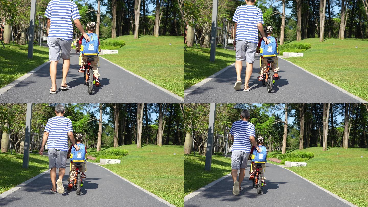 4K正版-周末公园里爸爸教小孩子骑单车