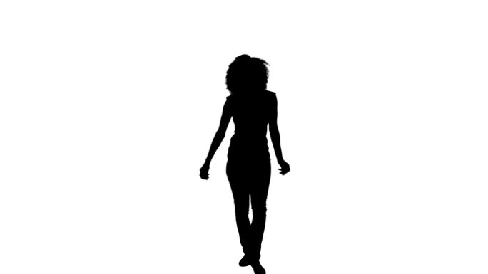 白色背景下，一个跳舞的女人的剪影，她的手放在她的臀部