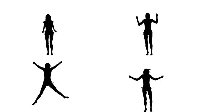 一个女子跳跃剪影慢镜头，白色背景下