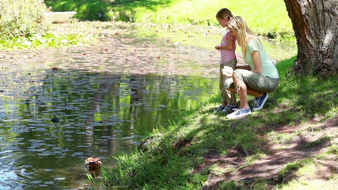 妈妈和她的孩子在公园里养鸭子