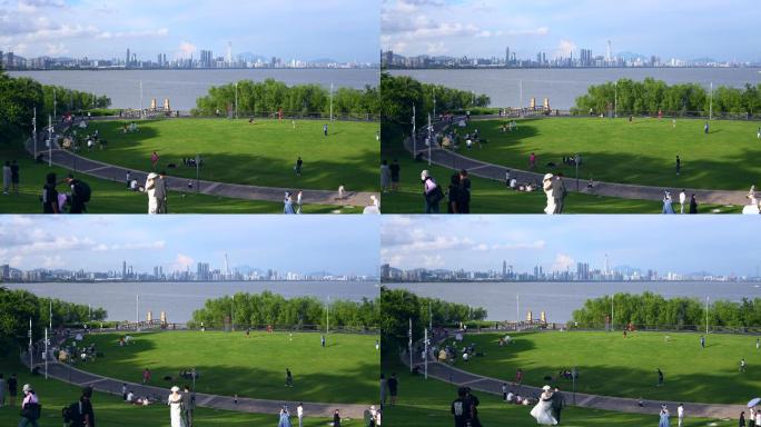 4K正版-实拍深圳湾公园游玩的游客市民