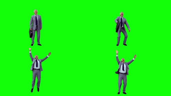 一个西方男人欢呼跳跃慢镜头，在绿色背景下