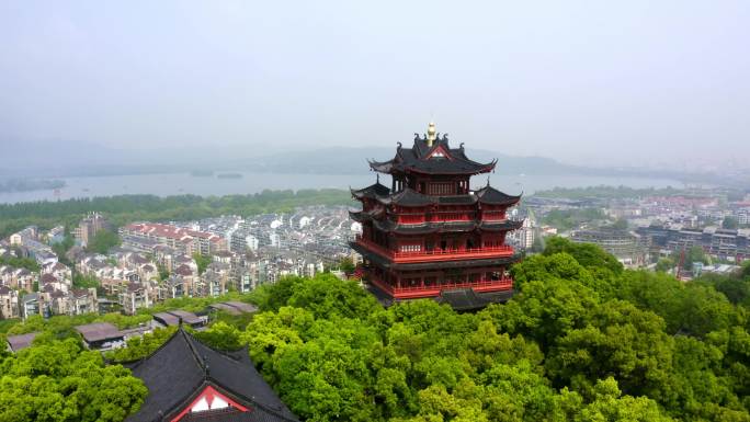 杭州西湖十景吴山天风城隍阁楼航拍