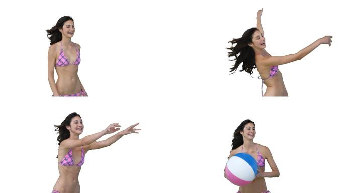 女人玩沙滩球与某人在屏幕上的白色背景