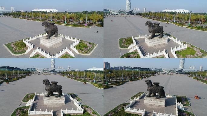 沧州狮城公园铁狮子航拍360度环绕4k