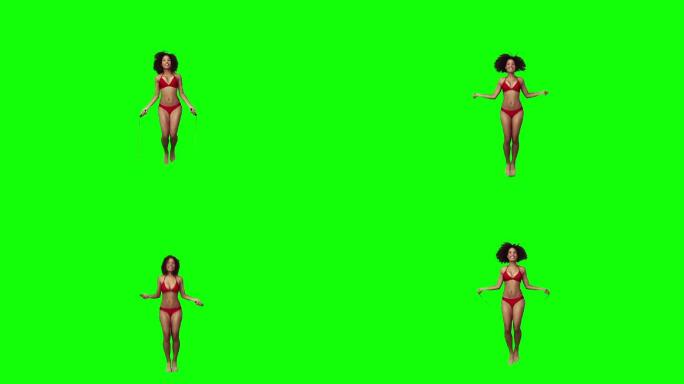 一个黑人女性跳绳慢动作，在绿色背景下