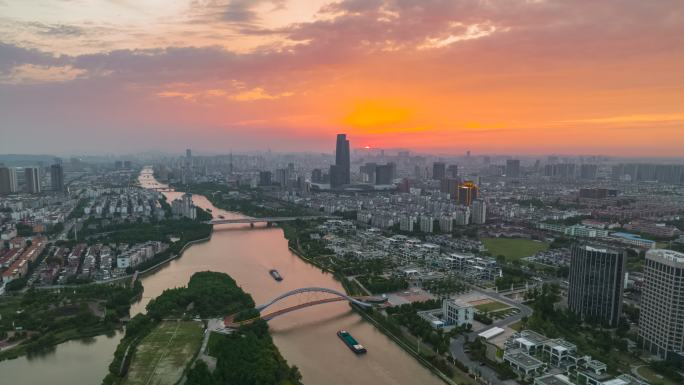 苏州吴中区澹台湖运河日转夜航拍延时