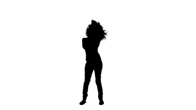 一个充满活力的女人的剪影在白色的背景下蹦蹦跳跳