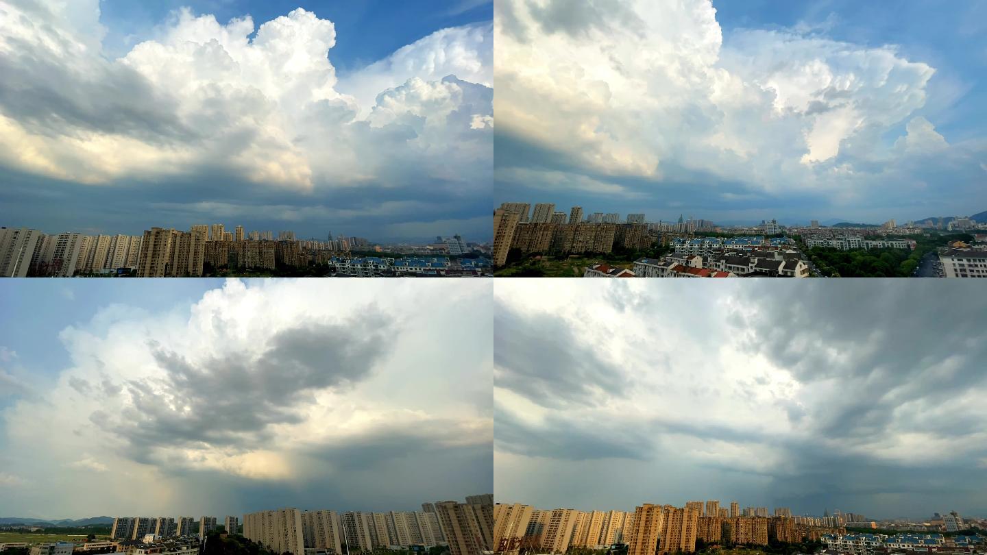 城市诸暨夏天白云强对流云团雷电彩虹乌云