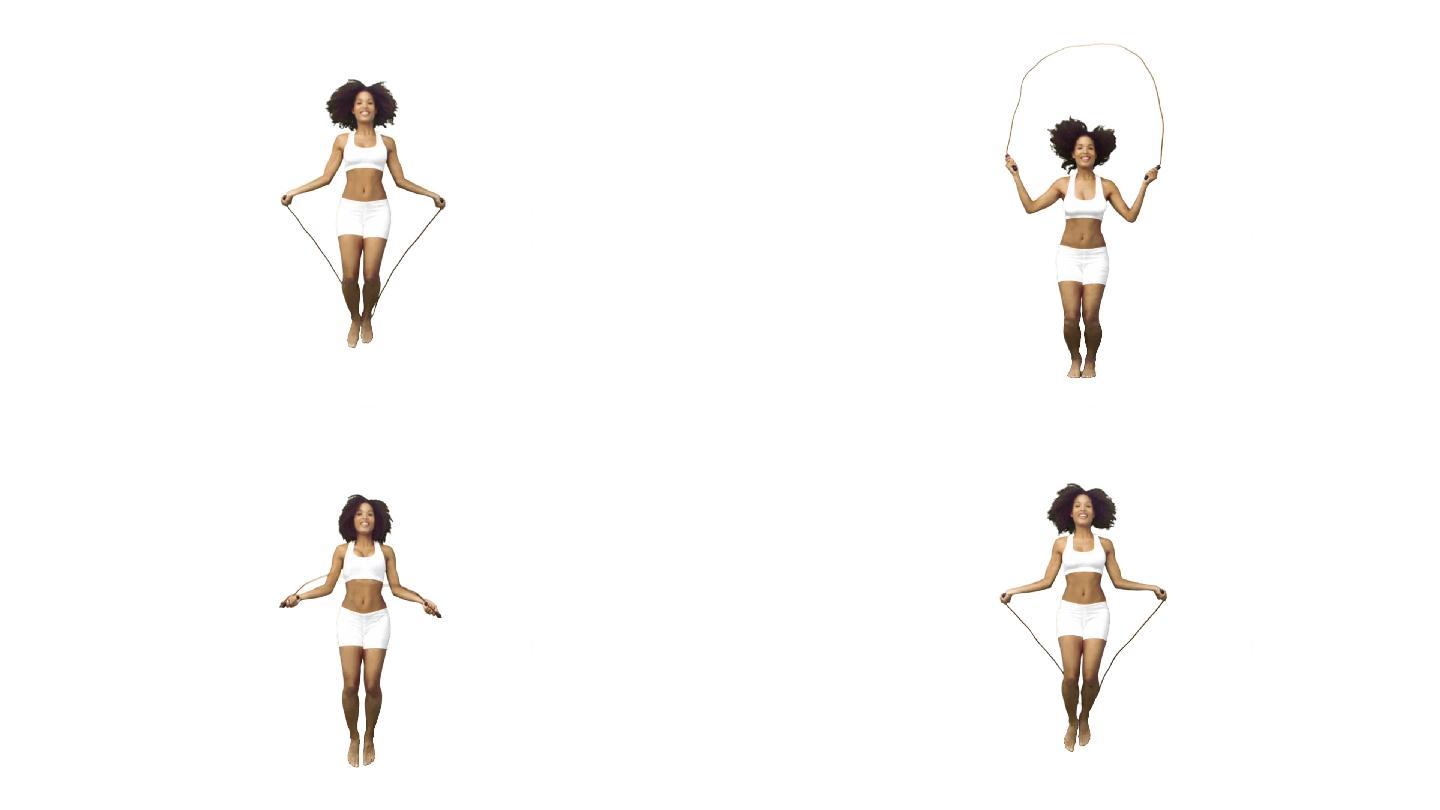 一个黑人女子跳绳慢动作，在白色背景下