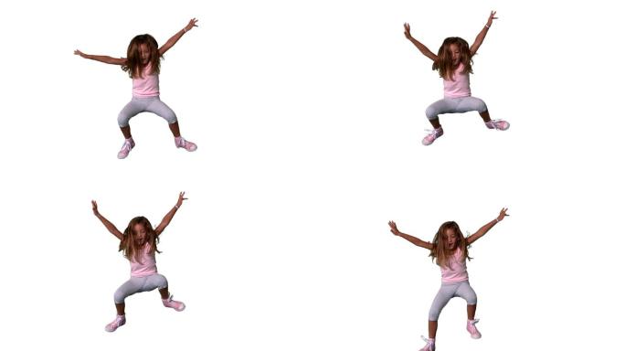 一个西方女孩四肢伸展跳跃慢镜头，在白色背景下