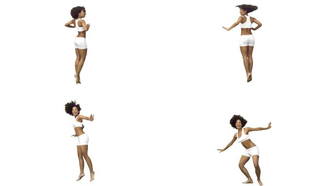 在白色的背景下，女子向上跳跃的慢动作