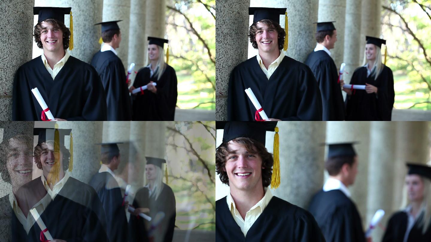一个靠在柱子前的男毕业生的肖像