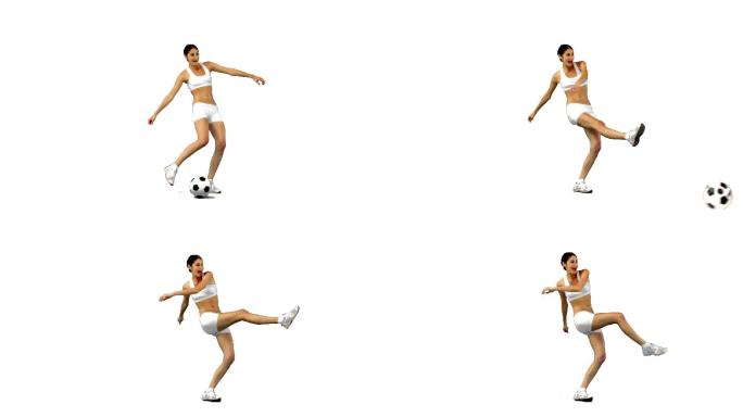 女子在白色背景下踢足球的慢动作