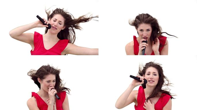 一个女人在唱歌，微风吹过她的头发，映衬着白色的背景