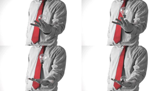 在慢镜头中，一个穿衬衫打领带的男人在白色背景上摆弄一个灯泡