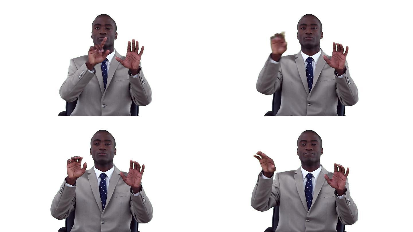 一个虚拟打字的非洲男性，在白色背景下