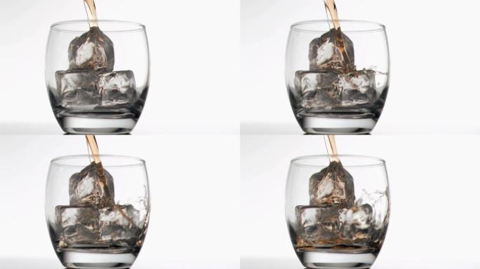 威士忌以超慢的动作倒进装有冰块的白底玻璃杯中