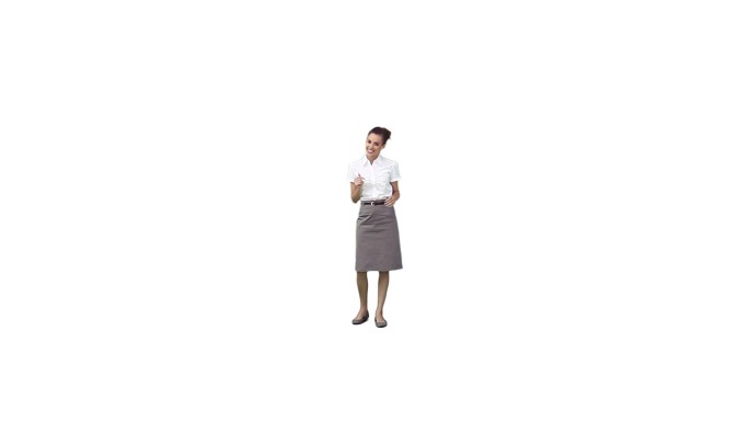 一位女商人正在白色背景下做一个虚拟的演示