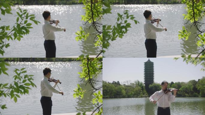 湖边拉小提琴
