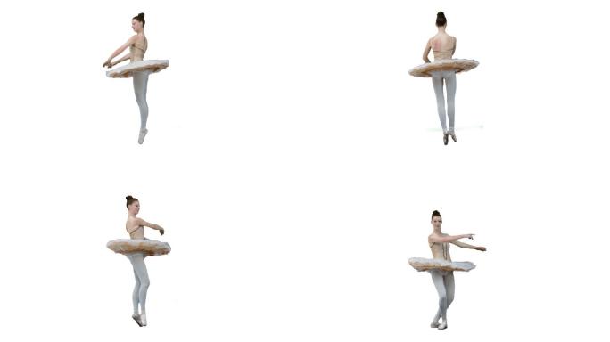 一个西方女舞者跳芭蕾慢动作，在白色背景下