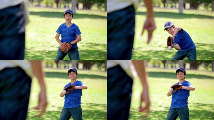 快乐的男孩戴着手套在乡下接棒球