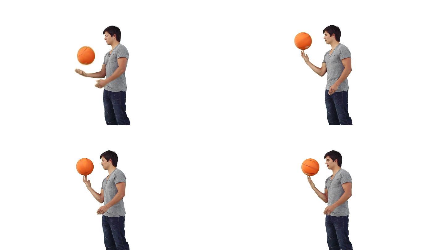 一名男子在白色背景下用手指旋转篮球