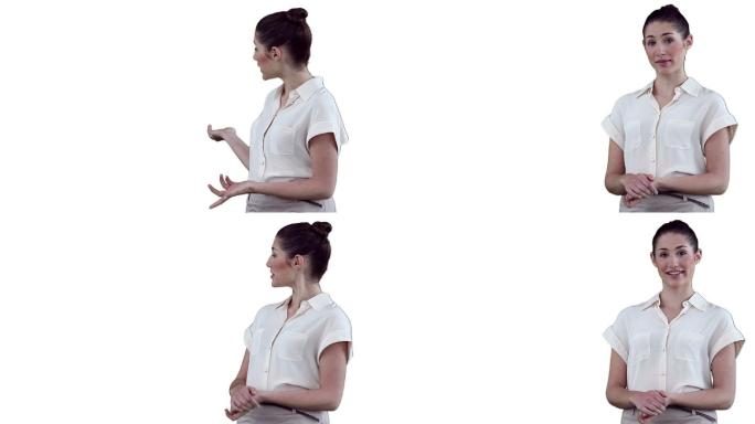 深色头发的女人用白色的背景做一个虚拟的展示