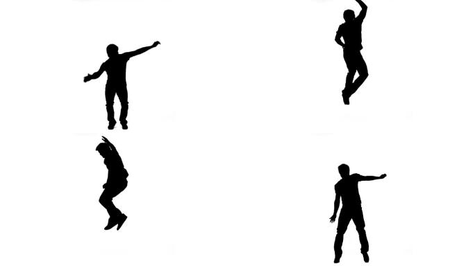一个男人旋转跳跃剪影慢动作，在白色背景下