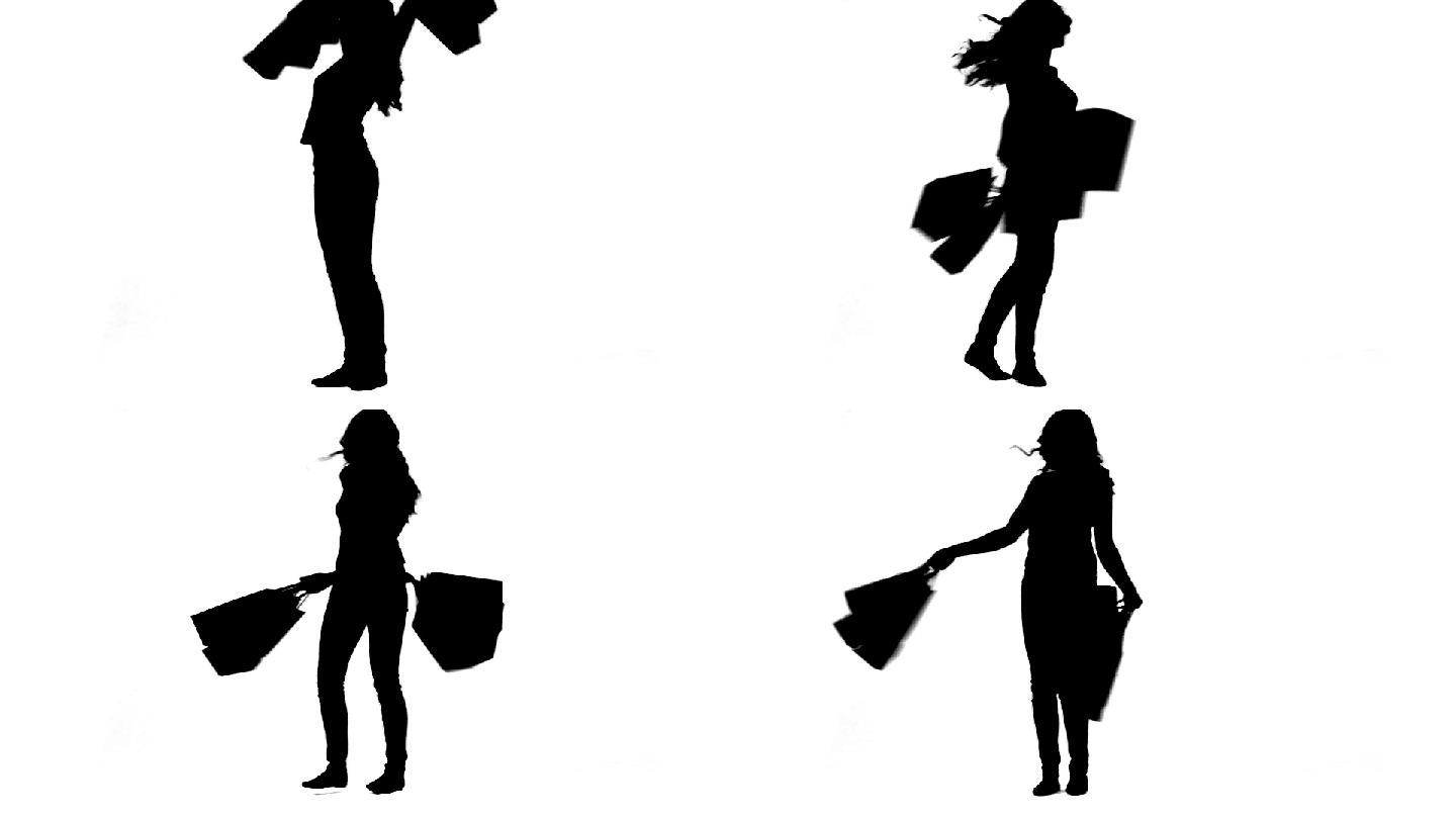 白色背景下，一个精力充沛的女人拿着购物袋的剪影