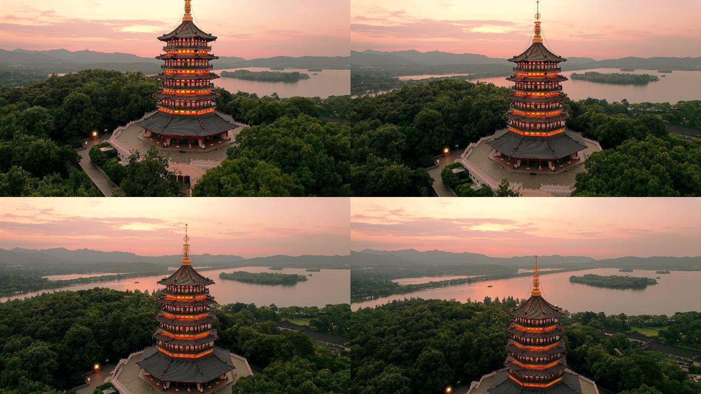 杭州西湖航拍日落时分雷峰塔著名景点